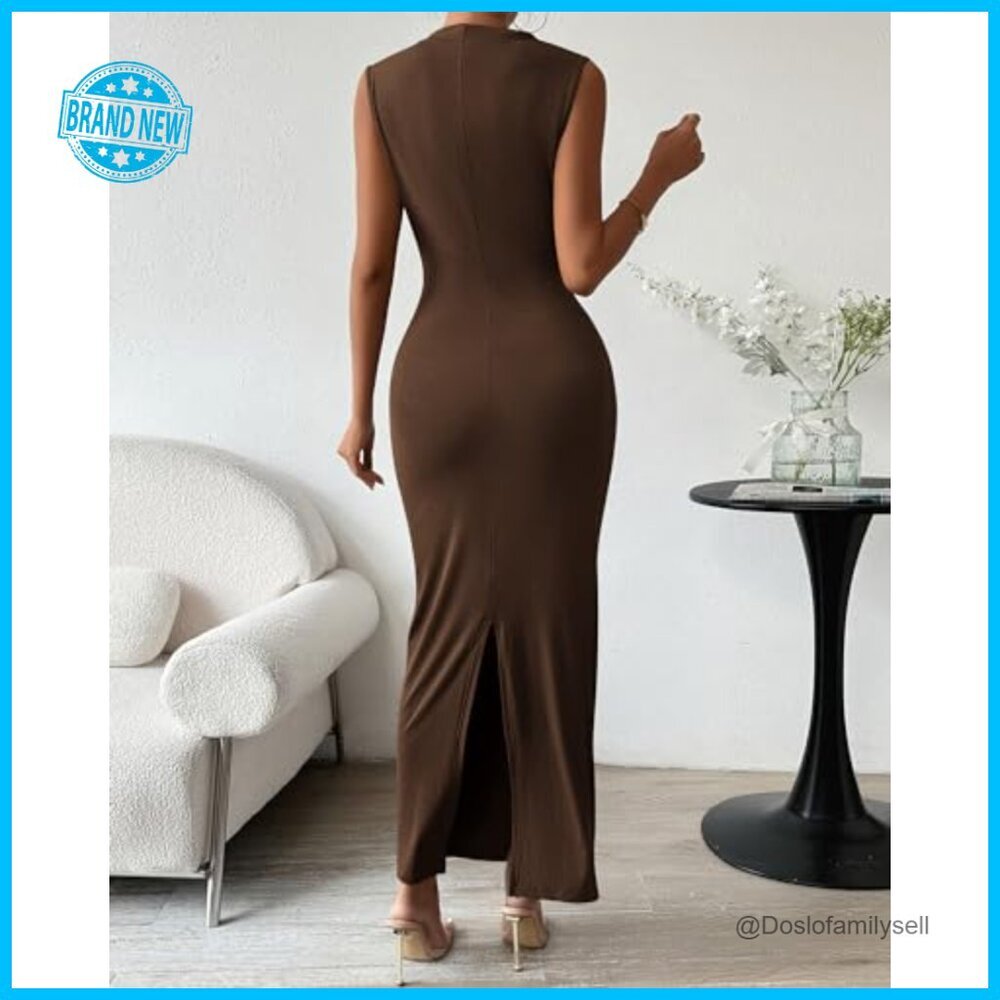 Ruched Bodycon Maxi Dress Elegant Back Slit Sleeveless Party Cocktail Wear - Picture 4 of 7
